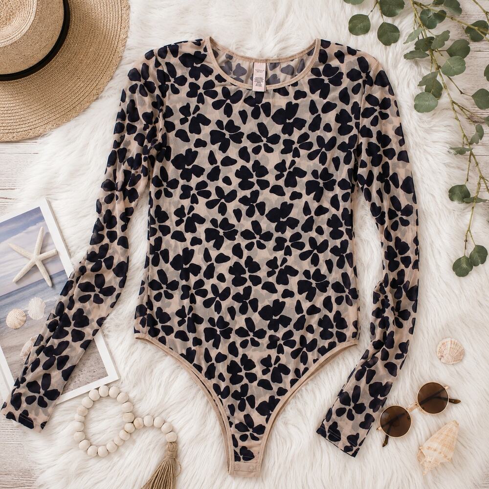 Victoria's Secret Shabby Chic Nude & Navy Floral Long Sleeve Bodysuit Size SP